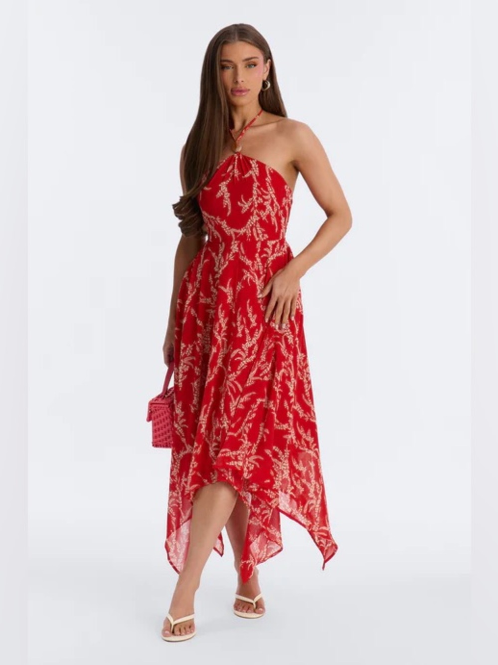 Fashion Nova Red Halter Handkerchief Hem Midi Dress
